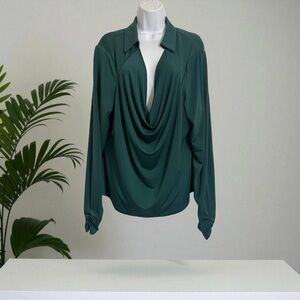 VENUS Dark Green Draped Cowl Neckline Ruched Long Sleeve Plus Size 2X Blouse NEW